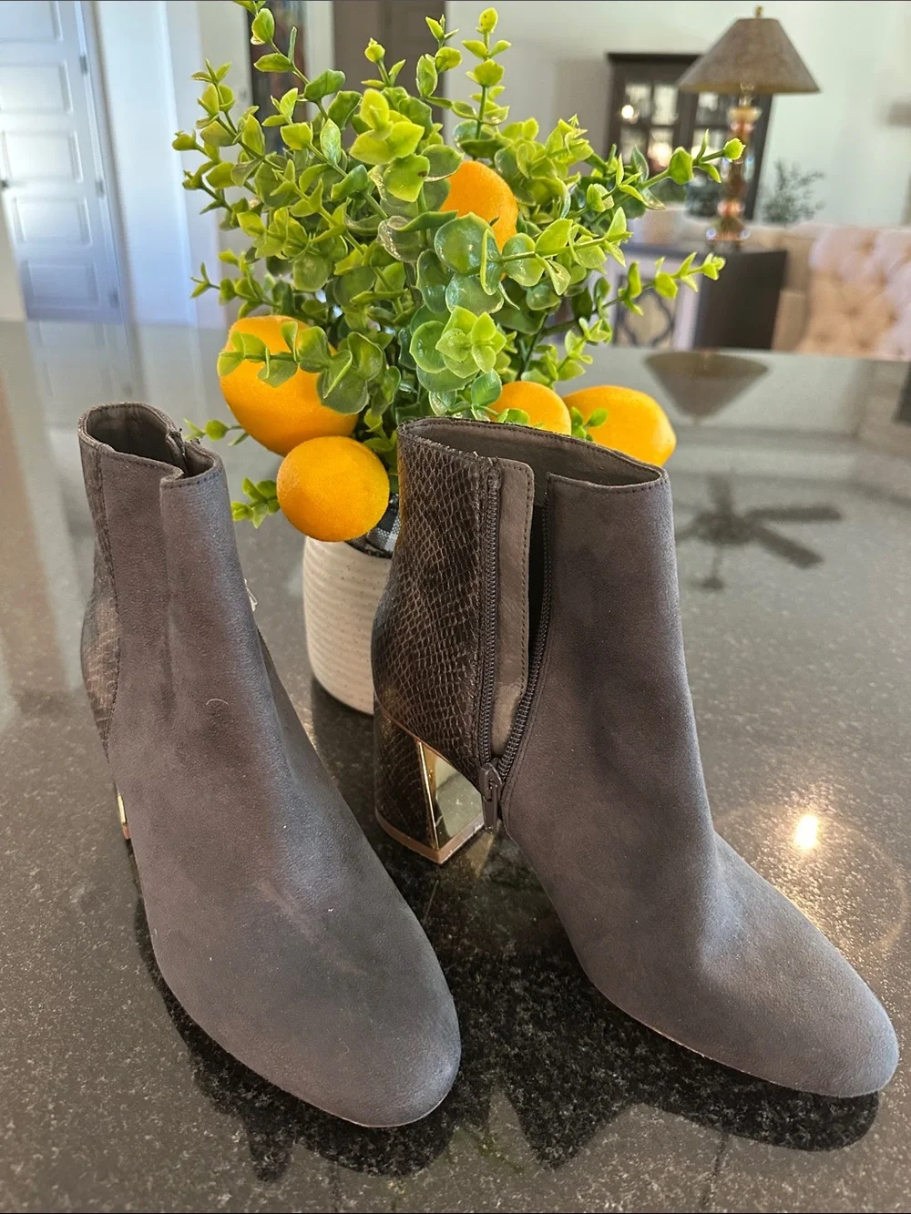 Women's Suede Ankle Booties with Textured snakeskin Back Panel